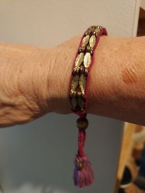 Johnny Was Handmade Burgundy and Gold Leaf Braided Tassel Bracelet